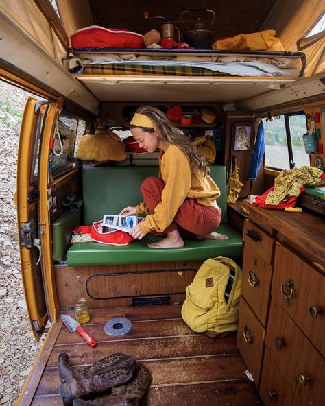 Living Out Of A Van, Cottage Core Van Life, Van Art Studio, Van Life Clothes, Living In A Van Aesthetic, Small Van Life, Vw Van Life, Hippie Van Life, Van Life Interior