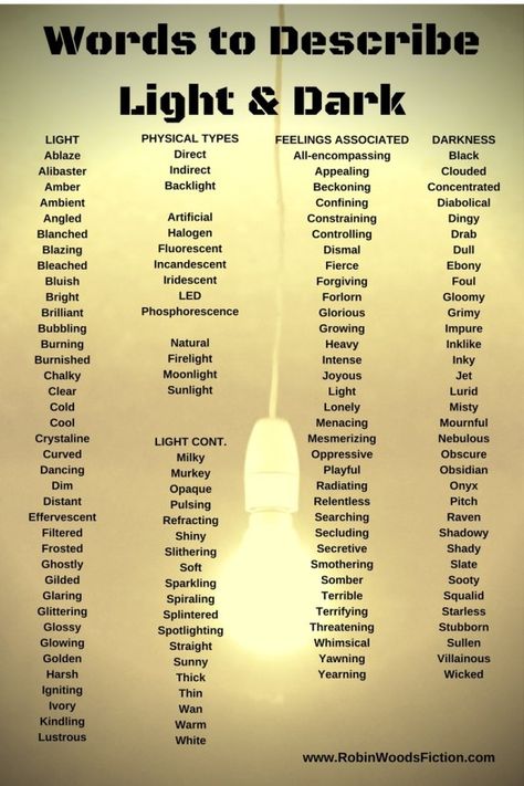 Words to Describe Light & Dark by Robin Woods www.RobinWoodsFiction.com Words For Light, Menulis Novel, Describing Words, Writing Inspiration Tips, Writing Dialogue Prompts, Writing Prompts For Writers, Creative Writing Tips, Essay Writing Skills, Writing Motivation