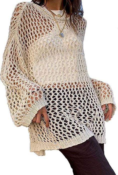 Women Hollow Out Crochet Sweater Vintage Fairycore Grunge Smock Knit Pullovers Fishnet Bathing Suit Cover Ups Swimwear at Amazon Women’s Clothing store Streetwear Girl, Mesh Sweater, Crochet Cover Up, Long Sleeve Knit Tops, Knit Crop Top, Free Crochet Patterns, Crochet Fashion, Crochet Sweater, Long Sweaters