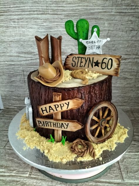 Western Themed Cakes For Men, Cowboy Birthday Theme For Men, 60th Birthday Cowboy Theme, Cake Designs Western, Country Western Birthday Cake, Cowboy 60th Birthday Party, Cowboy Birthday Decorations, Cowboy Theme Cake For Men, Country Theme Birthday Cake