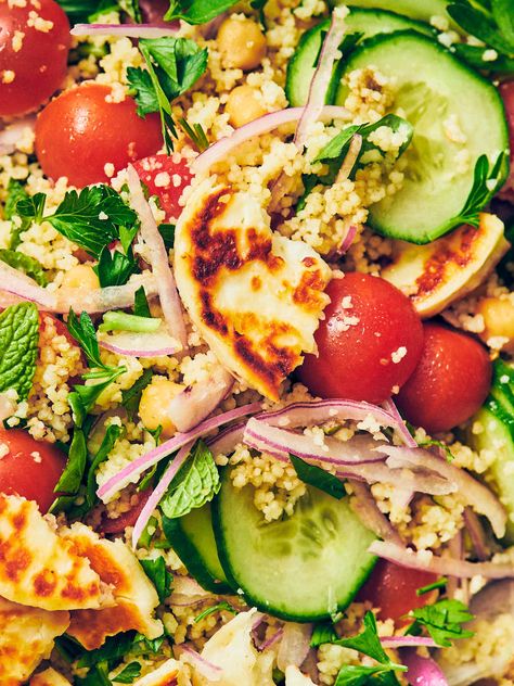 Halloumi Spinach Salad, Halloumi Cous Cous Salad, Healthy Halloumi Salad, Herby Couscous With Halloumi, Haloumi Salad Ideas, Halloumi Couscous, Seared Halloumi, Herb Couscous, Halloumi Cheese Recipes