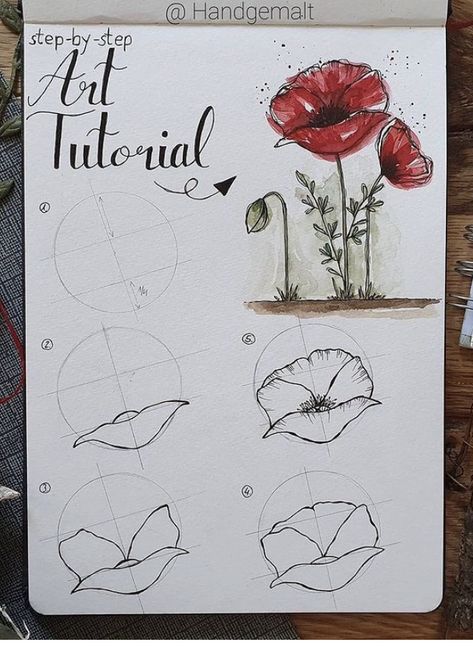 How To Draw Flowers For Beginners, Poppy Flower Step By Step, How To Draw Flowers Step By Step, Painting A Canvas, Beginners Acrylic Painting, How To Draw Flowers, Beginners Painting, Draw Flowers, Flower Drawing Tutorials