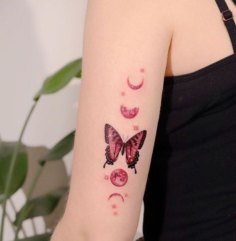 Butterfly Moon Tattoo, Tattoo With Moon, Flower Of Life Tattoo, Simple Butterfly Tattoo, Unique Butterfly Tattoos, Butterfly Moon, Mystical Tattoos, Pink Tattoo, Unique Butterfly