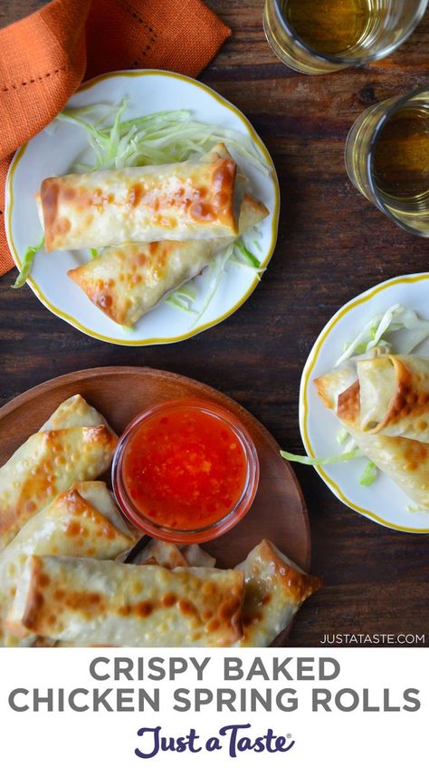 Chicken Spring Rolls Recipe, Baked Spring Rolls, Potstickers Recipe, Spring Rolls Recipe, Chicken Shredded, Chicken Spring Rolls, Chicken And Cabbage, Garlic And Ginger, Spring Roll Recipe