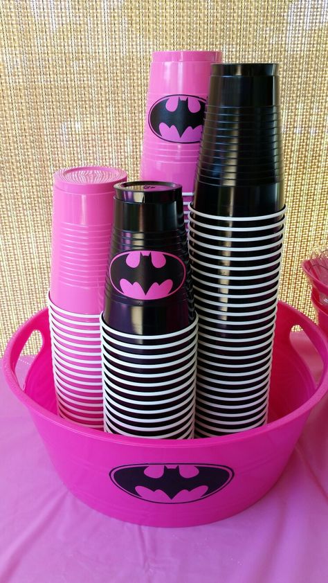 Batgirl theme bday party-cups                              … Batgirl Year One, Pink Batman Birthday Party, Batgirl Birthday Party, Black And Pink Superhero And Princess Party, Batgirl Mask, Batgirl Party, Dc Superhero Girls Party, Super Girl, Supergirl Party