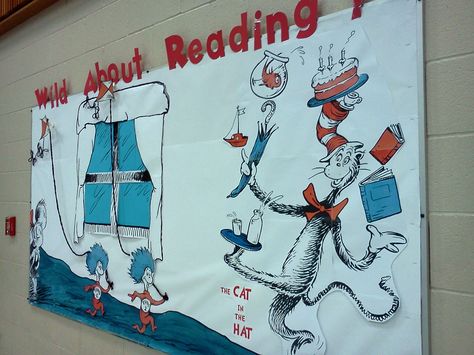 Bulletin board idea for Dr. Seuss Celebration- The Cat in the Hat Hat Bulletin Board Ideas, Cat In The Hat Bulletin Board Ideas, Cat In The Hat Bulletin Board, Dr Seuss Bulletin Board Ideas, Dreamy Classroom, Doctor Suess Classroom, Dr Seuss Images, Doctor Suess, Dr Seuss Math