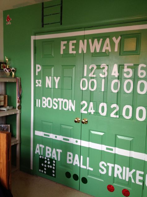 Green Monster score board with the most useless ladder in baseball. My sister and I painted this wall. Monster Bedroom, Baseball Bedroom, Son Bedroom, Green Monster, Games Room, Fenway Park, Boston Sports, Green Monsters, Maybe Someday