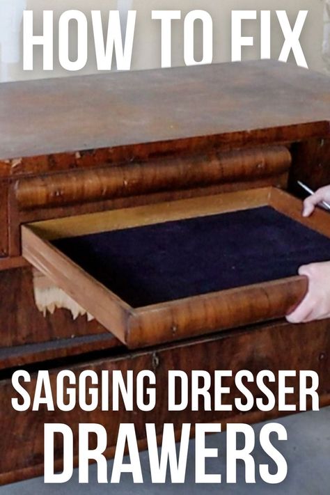 How to Fix Sagging Dresser Drawers Repair Dresser Drawers, Broken Dresser, Drawer Repair, Old Dresser Drawers, Cheap Dresser, Drawer Tracks, Old Benches, Making A Bench, Dresser Redo