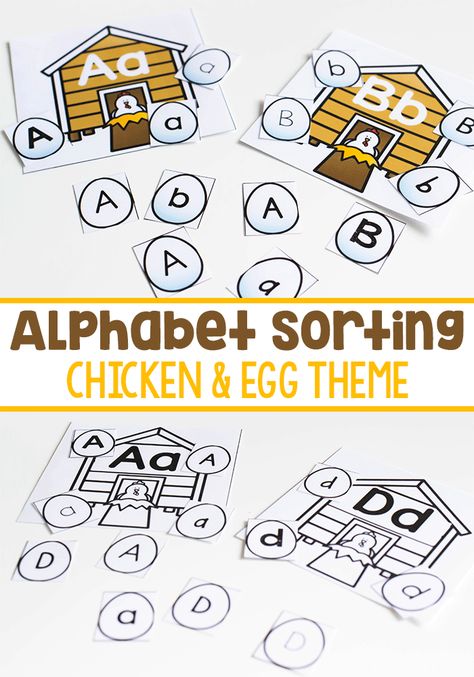 Work on letter recognition for different fonts with this free printable alphabet sorting activity for kindergarten. Perfect for a farm theme! Preschool Farm Literacy Activities, Farm Alphabet Preschool, Alphabet Sorting Free Printable, Farm Free Printables Preschool, Farm Life Preschool Theme, Chicken Preschool Activities, Chicken Activities For Preschool, Farm Font, Farm Unit Preschool