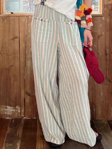 High Waisted Loose Split-Joint Striped Pants Trousers LIGHT BLUE-S Backpacking Wardrobe, Warm Spring Outfits, Striped Clothes, Vintage Fringe, Funky Outfits, Loose Trousers, Stylish Pants, Lazy Outfits