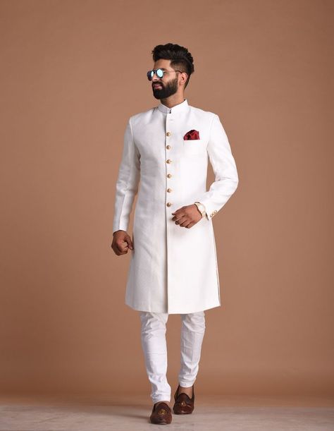 White Wedding Suits For Men, Achkan For Men, Mens White Suit, Pearl White Color, White Wedding Suit, White Tux, Classic Tuxedo, Glamorous Outfits, Kurta Style