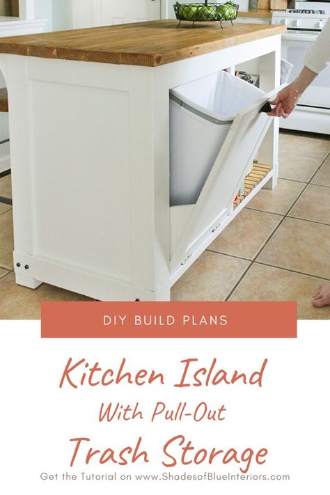 Pull Down Trash Cabinet, How To Make A Small Kitchen Island, Island Trash Pull Out, Trash Can In Island, Trash In Island Cabinet, 5ft Island Kitchen, 2x4 Kitchen Island, Build An Island For Kitchen, Diy Hidden Trash Can Kitchen