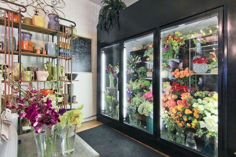 our cooler is always full of fresh cut flowers Flower Cooler Display Florists, Flower Cooler, Flower Shop Display, Flower Shop Interiors, Flower Shop Decor, Flower Cafe, Flower Shop Design, Warehouse Design, Florist Shop