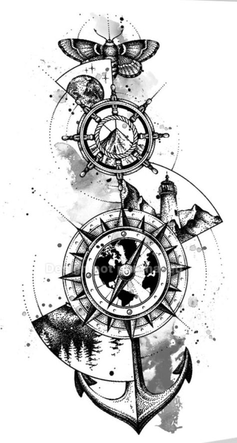 220+ Best Steampunk Tattoos Designs (2022) Ink Inspired from Victorian Era - TattoosBoyGirl Notical Tattoos Sleeve, Notical Compass Tattoos, Compass Tattoo Feminine Half Sleeves, Notical Tattoos, Steampunk Compass Tattoo, Compass And Clock Tattoo Ideas, Compass Drawing Design, Steampunk Tattoo Ideas, Nautical Tattoo Ideas