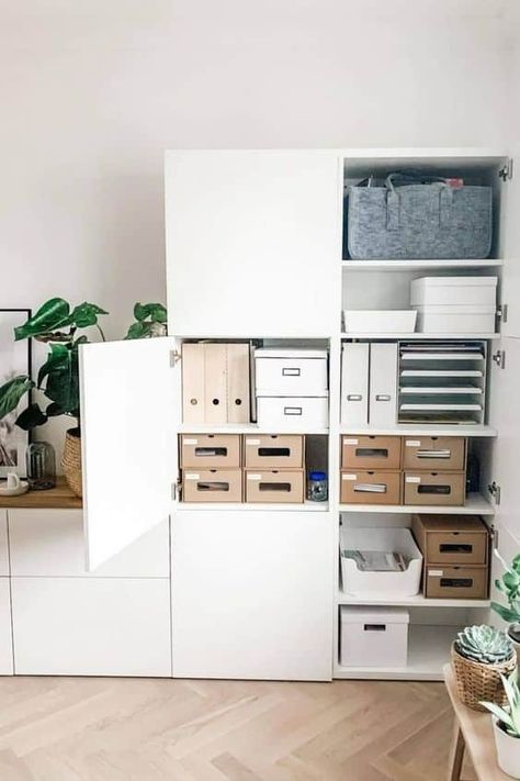 30 Office Supply Organization Ideas » Lady Decluttered Best Office Storage, Home Office Setup Storage, Miscellaneous Storage Ideas, Office Interior Design Storage, Home Office Armoire, Office Clutter Organization, Documents Organization Storage, Organization Office Home, Interior Design Office Organization