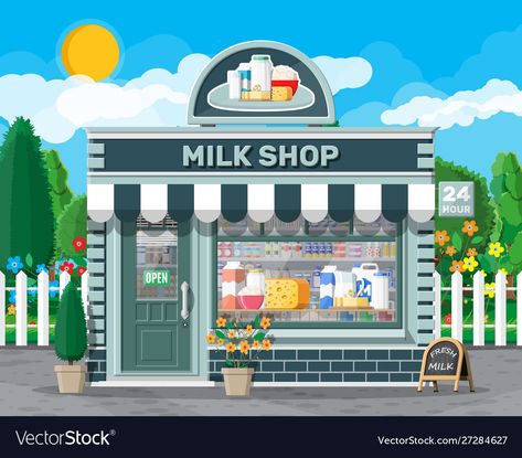 Milk Dairy Shop Interior Design, Milk Shop Design Ideas, Storefront Illustration, Dairy Shop, Store Facade, Milk Store, Building Silhouette, Shopping Clipart, Outdoor Restaurant Design