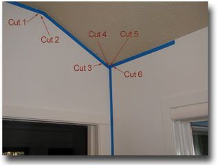 How to install crown molding on slope of vaulted ceiling.  Need to do this in our master. Picture Molding Vaulted Ceiling, Vaulted Ceiling Molding Ideas, Vaulted Ceiling Trim Ideas, Crown Molding Angles, Fancy Crown Molding, Vaulted Ceiling Trim, Joining Two Different Crown Moldings, Concave Crown Molding, Vaulted Wood Ceiling