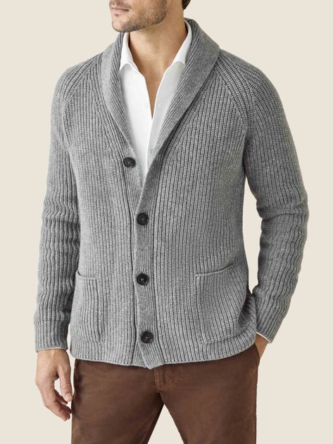 Light Grey Chunky Knit Cashmere Cardigan | Luca Faloni Italy Luca, Luca Faloni, Mens Knitted Cardigan, Grey Man, Winter Trousers, Winter Outfit Ideas, Shawl Collar Cardigan, Shawl Cardigan, Cashmere Jumper