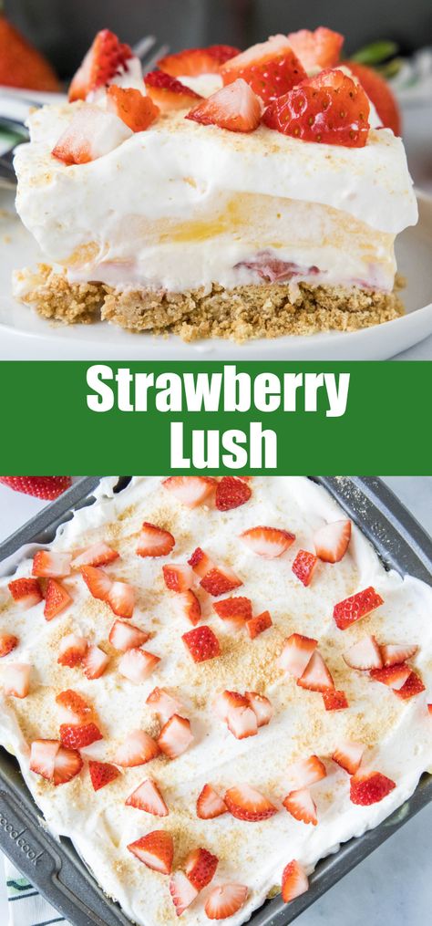 Strawberry Cream Squares - light and creamy layers with fresh strawberries and a graham cracker crust.  Easy and delicious no bake recipe! Light Strawberry Desserts Recipes, Easy Summer No Bake Desserts, 4th Of July Strawberry Dessert, Healthy Strawberry Recipes Desserts, Cold Easy Desserts, Dessert For A Cookout, Dessert Bbq Party, Summer Desserts Strawberry, Light Pudding Desserts