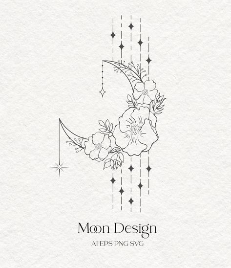 Flower Moon Crescent Phases Clipart Floral Flower - Etsy Australia Sun Moon Stars Flower Tattoo, Venus Moon Tattoo, Witchy Line Art, Flower Moon Tattoo, Crescent Moon Art, Spiritual Tattoo, Tattoo Logo, Lunar Magic, Crystal Tattoo