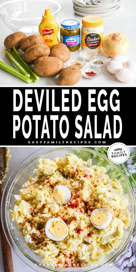 This tangy Deviled Egg Potato Salad is the ultimate side dish to any family picnic or potluck, combining a classic deviled egg recipe with a tangy potato salad. Its zingy flavor comes from mustard and vinegar paired with sweet pickle relish, eggs, crunchy veggies, and a creamy base. This potato side dish recipe is even better when chilled, as the flavors really come together. And the best part? You can make it ahead of time! Trust me, this is the best potato salad you'll ever taste! Egg Potato Salad, Deviled Egg Potato Salad, Egg Potato, Southern Potato Salad, Deviled Eggs Recipe Classic, Potato Salad With Egg, Bbq Side Dishes, Creamy Potato Salad, Potato Recipes Side Dishes