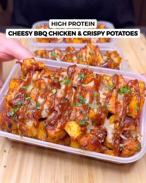 Cheesy Bbq Chicken And Potatoes, Spicy Chicken And Potatoes, Gymrat Recipes, Bbq Chicken Potatoes, Bbq Chicken And Potatoes, Sauce Brand, Cubed Chicken, Chicken Crispy, Hit Or Miss