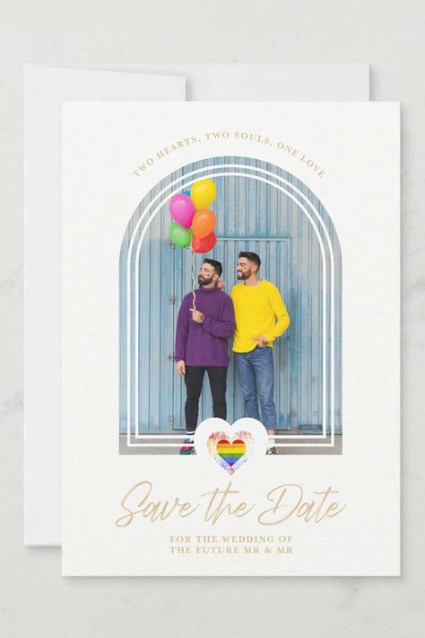 card Size: 5" x 7", arch effect photo, pride rainbow heart Gay Wedding Invitations, Pride Heart, Lgbt Wedding, Photo Save The Date, Heart Photo, Wedding Posters, Lesbian Wedding, Save The Date Card, Elegant Font