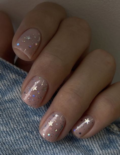 Speak Now Era Nails, Transparent Nails Short, Short Eras Tour Nails, Taylor Swift Nail Ideas Eras Tour, Short Sparkle Nails, Mirrorball Nails, Star Glitter Nails, Folklore Nails, Reputation Nails