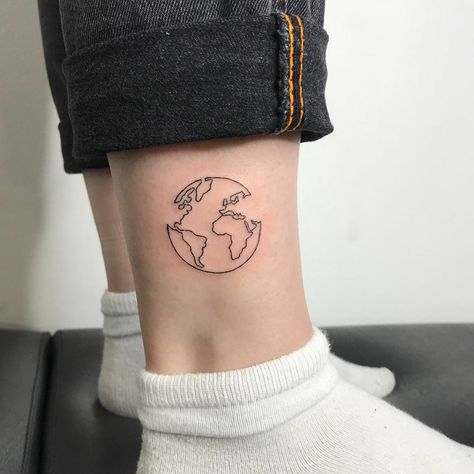 Globe Minimalist Tattoo, Unique World Tattoos, Earth Travel Tattoo, World Line Tattoo, Single Line Earth Tattoo, Half Globe Tattoo, Globe Tattoos For Women, Earth Fine Line Tattoo, Fine Line Earth Tattoo