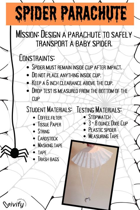 🎃 Halloween is almost here! Here's a quick, simple STEM activity to do with your students! 🕷 Spiderlings of some spider species make parachutes out of their silk in order to disperse—a process called ballooning. Your mission: Make a spiderling parachute that will carry your spider as far as possible! Spider Parachute Stem, Spider Parachute, Stem Activities Middle School, Simple Stem Activities, Spooky Science, Engineering Design Challenge, Moon Science, Spider Activities, Stem Lesson Plans