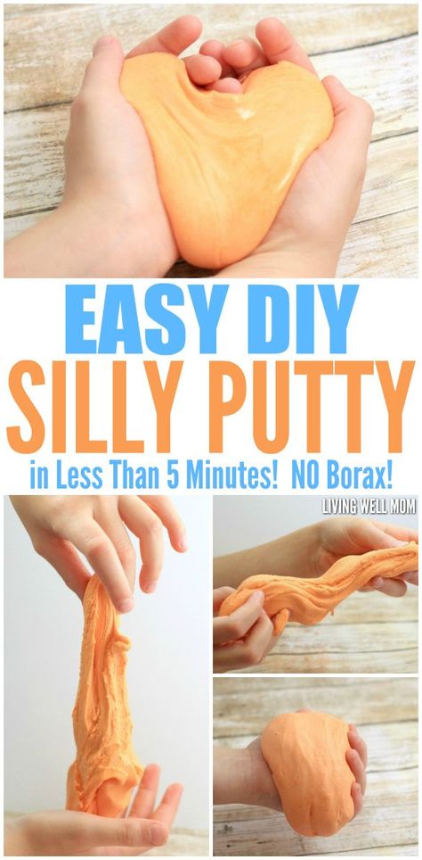 Looking for a fun activity that will keep your kids busy for hours? This DIY Silly Putty recipe takes less than 5 minutes to make and kids LOVE squeezing, pulling, stretching, and playing with their very own putty! Plus it only requires 2 common household ingredients (NO borax) and is so so EASY to make! How To Make Putty, Silly Putty Recipe, Diy Silly Putty, Putty Recipe, Slime Without Borax, Satisfying Pictures, Baby Sitting, Slime For Kids, Silly Putty