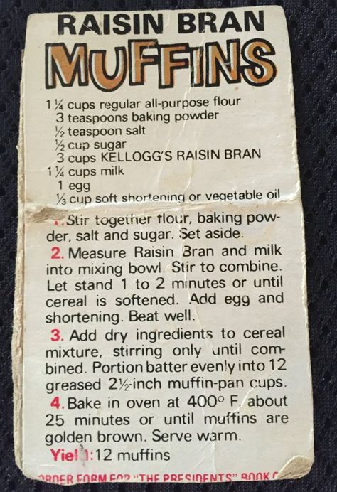 This is the original recipe from the Kellog's Raisin Bran box circa 1980 Rasin Bran Muffins, Raisin Bran Muffin Recipe, Bran Muffin Recipe, Raisin Bran Cereal, Raisin Bran Muffins, Bran Muffin, Raisin Bran, Recetas Salvadorenas, Bran Muffin Recipes