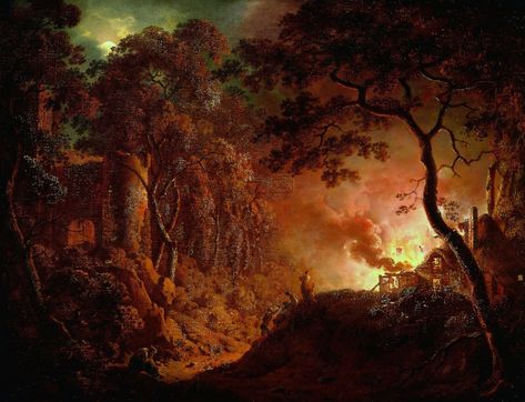 Cottage on Fire by Joseph Wright of Derby - Artvee Salvatore Rosa, Salvator Rosa, Joseph Wright, Beneath The Surface, Rural Landscape, Chiaroscuro, On Fire, Light And Shadow, Landscape Art