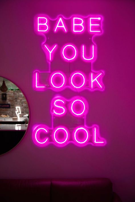 Transform your space with our Pink LED Neon signs that states "Babe you look so cool", Perfect for bedroom decor, living room decor , bathroom decor or even a unique event such as a wedding. Our LED signs create an Instagram aesthetic , transforming the space and radiating Positive Vibes. We have custom LED lights available with multiple colour and font options #decor #minimalist #aesthetic #homedecor #LEDlights #pinkdecor Pink Led Sign Aesthetic, Babe Neon Sign, Lips Neon Sign, Good Vibes Only Neon Sign Pink, Neon Lights Bedroom, Hot Pink Led Sign, Cool Neon Signs, Bedroom Decor Inspiration, Led Neon Lighting