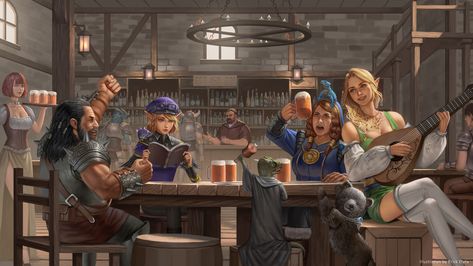 Tavern, Erick Pamungkas on ArtStation. Medieval Party, Drawing Cartoon Faces, Fiction Idea, Commissioned Artwork, Fantasy Images, Dnd Art, Fantasy Setting, Game Concept Art, Character Poses