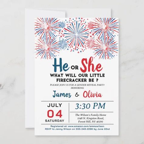 Firecracker 4th Of July Gender Reveal Party Invitation | Zazzle Fourth Of July Gender Reveal, 4th Of July Gender Reveal, American Flag Party, Pink Gender Reveal, Blue Fireworks, Gender Reveal Party Invitations, Blue Or Pink, Baby Invitations, Gender Reveal Invitations