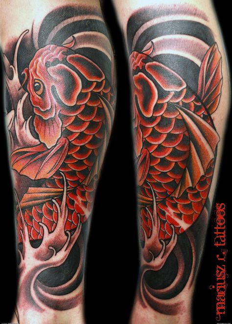 RED KOI LEG - Tattoo Artists.org Koi Fish Tattoo Forearm, Pez Koi Tattoo, Coy Fish Tattoos, Carp Tattoo, Japanese Koi Fish Tattoo, Koi Tattoo Sleeve, Tato Flash, Koi Tattoo Design, Female Tattoos