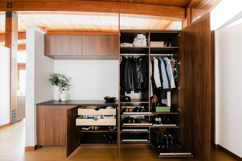 California Closets, Custom Storage Cabinets, Masculine Closet with Pull Out Shoe Shelves and Hanging Entryway Wardrobe, Custom Entryway, Custom Closet Storage, Organizational Design, Entryway Closet, Closet Systems, Pull Out Shelves, California Closets, Home Storage Solutions