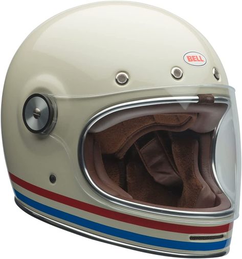 BELL Bullitt Helmet (Stripes Gloss Pearl White/Red/Blue - Medium) Bell Bullitt, Motos Vintage, Bell Helmet, Vintage Helmet, Moto Vintage, Full Face Helmets, Helmet Design, Helmet Accessories, Cafe Racers