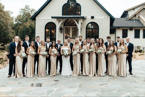 Wedding Venue Themes Reception Ideas, Black Suits Champagne Dresses, Revelry Champagne Dress, Wedding Color Schemes Beige, Champagne And Black Wedding, Champagne Wedding Colors, Wedding Theme Color Schemes, Bridal Parties Colors, Wales Wedding