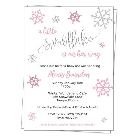 PRICES MAY VARY. ♥ Invite your guests to a winter themed baby shower with these elegant and adorable pink invitations, featuring silver snowflakes and lettering. ♥ Please Note: Glitter details are simulated in the artwork. No actual glitter will be used in the making of this product. ♥ Price includes 12 Invitations and 13 White Envelopes. ♥ Invitations measure 5x7 inches and are custom printed with your event details. ♥ Printed on high quality matte smooth finish card stock. ♥ All our products a All White Baby Shower Theme, Winter Baby Shower Invites, January Baby Shower Themes, Winter Wonderland Baby Shower Invitation, January Baby Shower, Christian Baby Shower, Sweet Baby Shower Ideas, Winter Baby Shower Themes, Winter Baby Shower Invitations