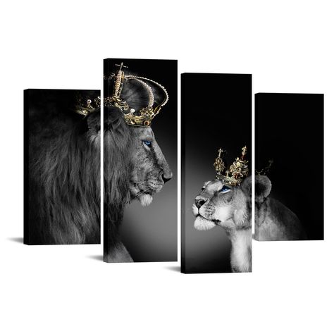 Large 4 Panel Wall Decor The Lion King and Queen with Crown Wall Art African Wild Animals Canvas Prints Pictures Black and White Modern Giclee Framed Artwork for Master Room Ready to Hang 48x33inch Lion King And Queen, African Wild Animals, Crown Wall Art, Queen With Crown, Panel Wall Decor, Bedroom Artwork, Lion Pictures, Art African, Panel Wall