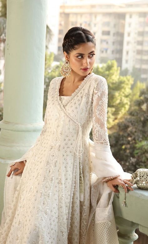 Chikankari Angrakha, Faiza Saqlain, Anarkali Dress Pattern, Sajal Ali, Traditional Indian Dress, Pakistani Fancy Dresses, Pakistani Dresses Casual, Pakistani Fashion Party Wear, Beautiful Pakistani Dresses