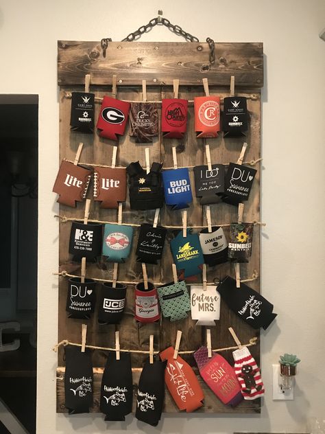 Can Koozie Display Ideas, Stubby Holder Storage, Diy Beer Coozie Holder, Stubbie Holder Storage, Koozie Organization Ideas, Can Koozie Storage Ideas, Koozie Display Ideas, Koozie Holder Ideas, Coozie Holder Diy