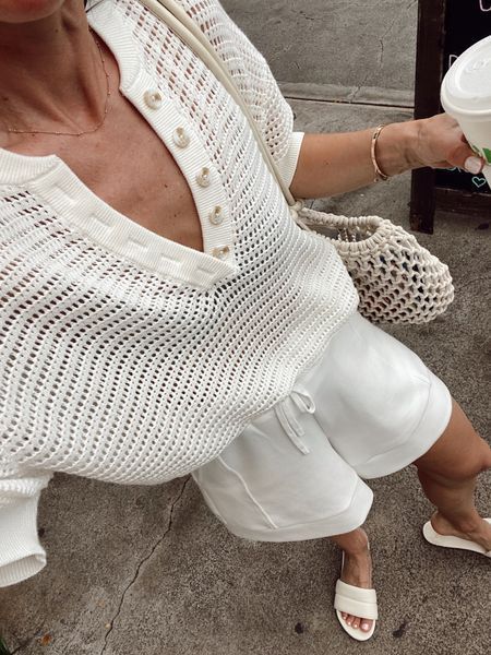 White Slides Outfit, Knit Shorts Outfit, Ribbed Dress Outfit, Summer Lounge Wear, White Slide Sandals, White Slides Sandals, Slides Outfit, White Lounge, Pajama Outfit