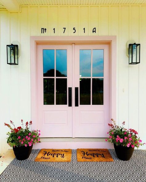 Think Pink with a Front Door Refresh | Tinted Pink Door House, Pink Front Door Colors, Light Pink Front Door, Pink Shutters, Door Refresh, Pink Front Door, Pink Paint Colors, Paint Palettes, Charm It