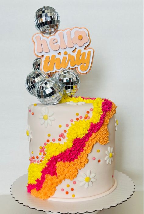 50th Birthday Cake 70s Theme, 70s Themed Birthday Cake Ideas, 90s Inspired Birthday Cake, Colorful 30th Birthday Cake, Retro 18th Birthday Party, 70s Theme Bday Cake, Groovy Sweet 16 Party Ideas, 70s Theme 30th Birthday, 70s 30th Birthday