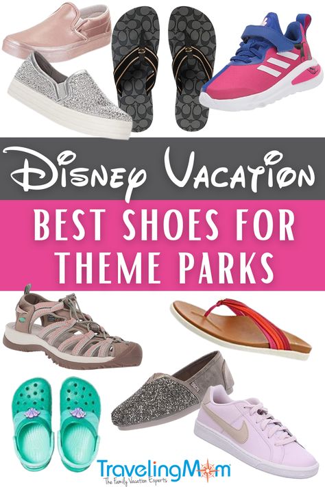 Theme parks require a lot of standing and walking long distances. If you’re going to be spending time at Disney World or another amusement park, you’ll want to pack the best shoes for the job. Avoiding blisters, aching toes and swollen feet is key to travel success! Top suggestions for the most comfortable walking shoes for women, including sandals, flip-flops, sneakers, and flats. You'll also hear some thoughts about choosing the best kid’s shoes for a Disney trip or amusement park travel. Best Sandals For Disney World, Shoes For Disney World Walking, Disney Shoes For Women, Avengers Campus Disneyland, Best Shoes For Disney World, Avengers Campus, Traveling Mom, Best Amusement Parks, Coach Flip Flops