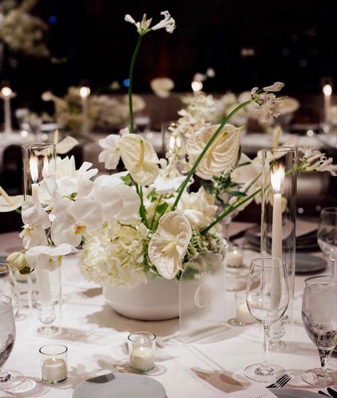 Dior Wedding Theme, Anthurium Arrangement, White Anthurium, Dior Wedding, White Centerpieces, White Centerpiece, Guest Table, Table Flower, Flower Installation