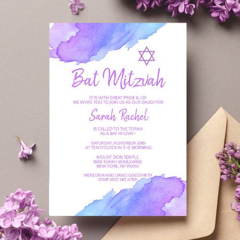 $2.35 | Modern Watercolor Blue Star David Bat Mitzvah #LC #bat mitzvah, religious, jewish, 12 year, template, watercolor, blue, modern, purple, violet Light Violet, Bat Mitzvah Invitations, Star David, Text Back, Modern Watercolor, Watercolor Blue, Bar Mitzvah, Bat Mitzvah, Blue Star